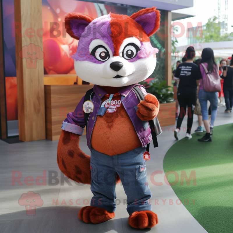 Purple Red Panda mascot costume character dressed with a Jeans and Watches