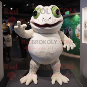 White Frog mascot costume character dressed with a T-Shirt and Mittens