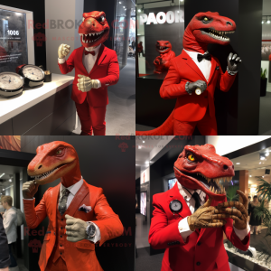 Red Allosaurus mascot costume character dressed with a Suit and Bracelet watches