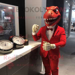 Red Allosaurus mascot costume character dressed with a Suit and Bracelet watches
