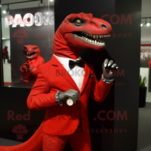 Red Allosaurus mascot costume character dressed with a Suit and Bracelet watches