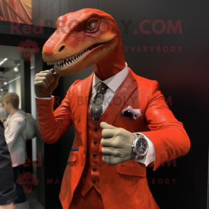 Red Allosaurus mascot costume character dressed with a Suit and Bracelet watches