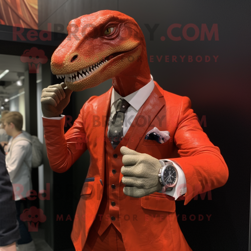 Red Allosaurus mascot costume character dressed with a Suit and Bracelet watches Red Allosaurus mascot costume character dressed with a Suit and Bracelet watches