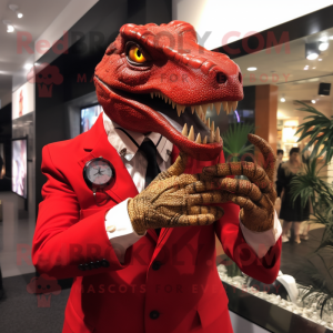 Red Allosaurus mascot costume character dressed with a Suit and Bracelet watches