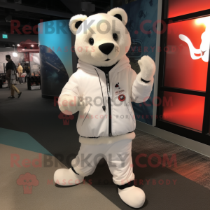 White Bear mascot costume character dressed with a Windbreaker and Shoe laces