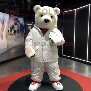 White Bear mascot costume character dressed with a Windbreaker and Shoe laces