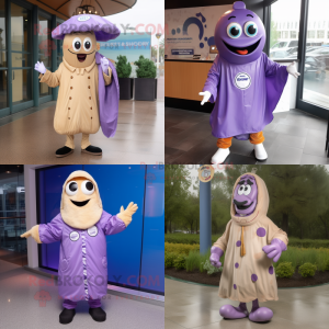 Lavender Bagels mascot costume character dressed with a Raincoat and Shoe laces