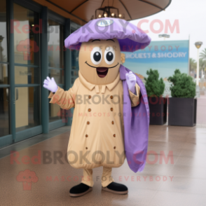 Lavender Bagels mascot costume character dressed with a Raincoat and Shoe laces