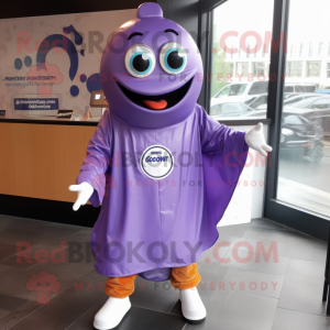 Lavender Bagels mascot costume character dressed with a Raincoat and Shoe laces