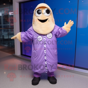 Lavender Bagels mascot costume character dressed with a Raincoat and Shoe laces