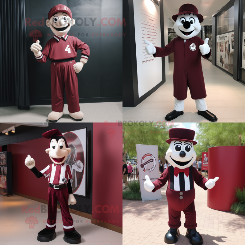 Maroon Mime mascot costume character dressed with a T-Shirt and Tie pins Maroon Mime mascot costume character dressed with a T-Shirt and Tie pins