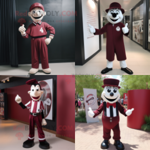 Maroon Mime mascot costume character dressed with a T-Shirt and Tie pins