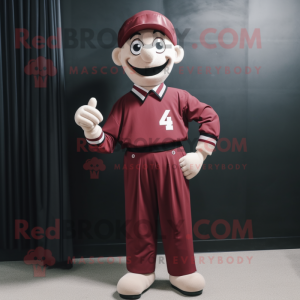 Maroon Mime mascot costume character dressed with a T-Shirt and Tie pins
