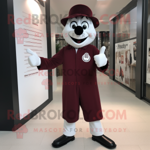 Maroon Mime mascot costume character dressed with a T-Shirt and Tie pins