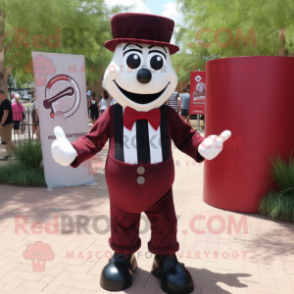 Maroon Mime mascot costume character dressed with a T-Shirt and Tie pins