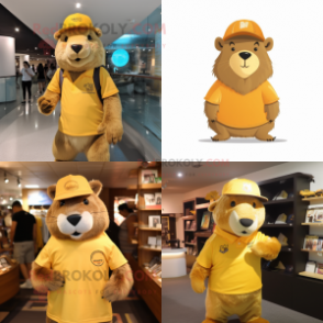 Gold Capybara mascot costume character dressed with a T-Shirt and Hats