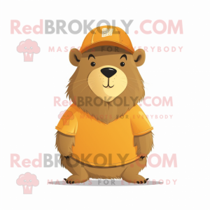 Gold Capybara mascot costume character dressed with a T-Shirt and Hats