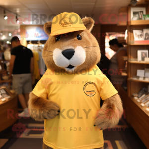 Gold Capybara mascot costume character dressed with a T-Shirt and Hats