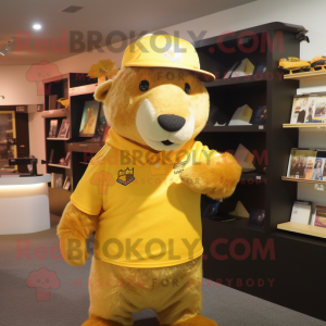 Gold Capybara mascot costume character dressed with a T-Shirt and Hats