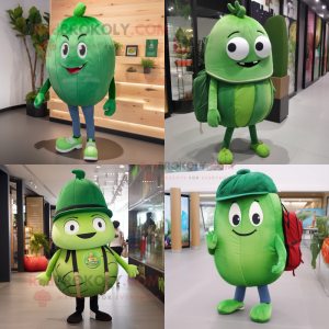 Forest Green Melon mascot costume character dressed with a Skinny Jeans and Backpacks