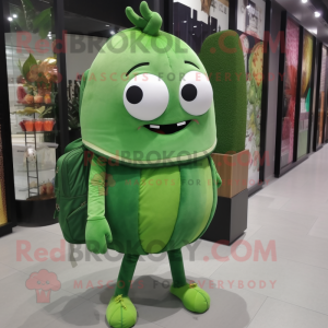 Forest Green Melon mascot costume character dressed with a Skinny Jeans and Backpacks