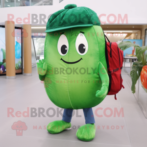 Forest Green Melon mascot costume character dressed with a Skinny Jeans and Backpacks