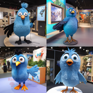 Sky Blue Blackbird mascot costume character dressed with a T-Shirt and Hairpins
