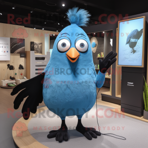 Sky Blue Blackbird mascot costume character dressed with a T-Shirt and Hairpins