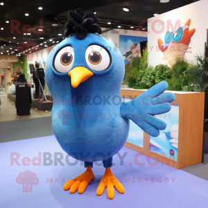 Sky Blue Blackbird mascot costume character dressed with a T-Shirt and Hairpins
