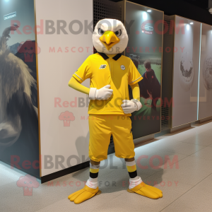 Lemon Yellow Bald Eagle mascot costume character dressed with a Joggers and Bracelet watches