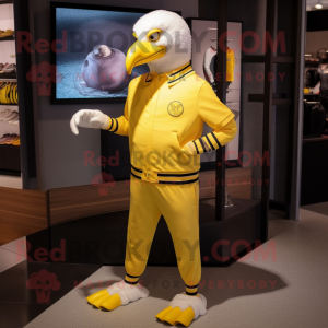Lemon Yellow Bald Eagle mascot costume character dressed with a Joggers and Bracelet watches