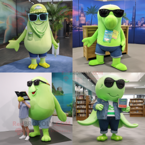Lime Green Humpback Whale mascot costume character dressed with a Denim Shorts and Reading glasses