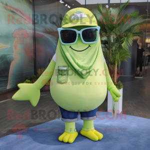 Lime Green Humpback Whale mascot costume character dressed with a Denim Shorts and Reading glasses