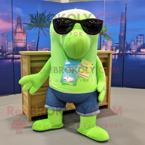 Lime Green Humpback Whale mascot costume character dressed with a Denim Shorts and Reading glasses