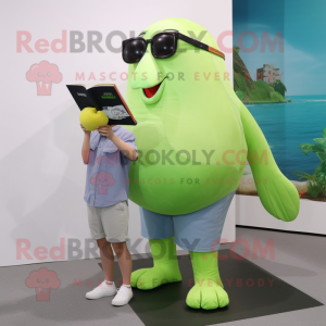 Lime Green Humpback Whale mascot costume character dressed with a Denim Shorts and Reading glasses