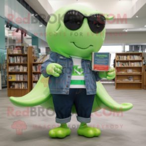 Lime Green Humpback Whale mascot costume character dressed with a Denim Shorts and Reading glasses