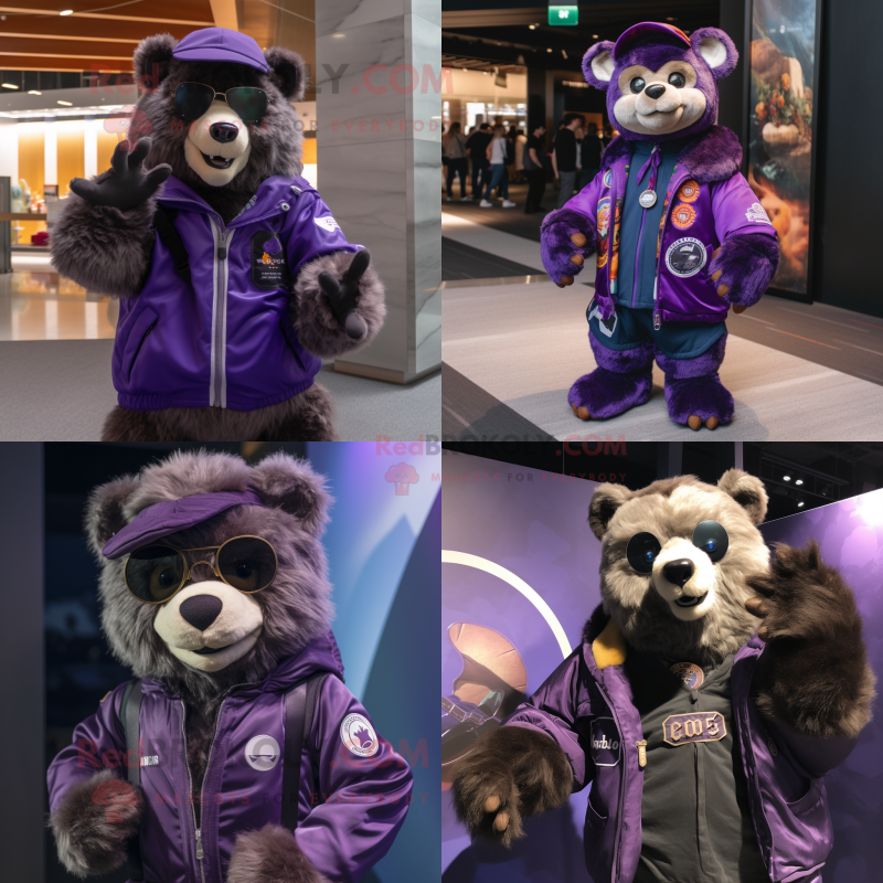 Purple Spectacled Bear mascot costume character dressed with a Bomber Jacket and Shawls