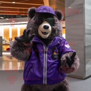 Purple Spectacled Bear mascot costume character dressed with a Bomber Jacket and Shawls