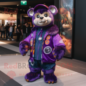 Purple Spectacled Bear mascot costume character dressed with a Bomber Jacket and Shawls