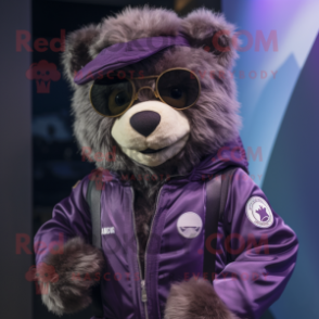 Purple Spectacled Bear mascot costume character dressed with a Bomber Jacket and Shawls