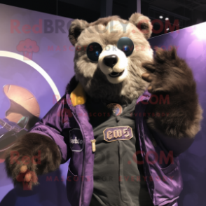 Purple Spectacled Bear mascot costume character dressed with a Bomber Jacket and Shawls