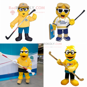 Gold Ice Hockey Stick mascot costume character dressed with a Windbreaker and Reading glasses