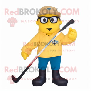 Gold Ice Hockey Stick mascot costume character dressed with a Windbreaker and Reading glasses