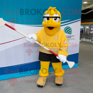 Gold Ice Hockey Stick mascot costume character dressed with a Windbreaker and Reading glasses