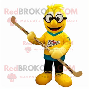 Gold Ice Hockey Stick mascot costume character dressed with a Windbreaker and Reading glasses