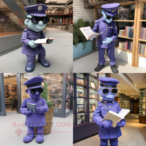 Lavender Navy Soldier mascot costume character dressed with a Playsuit and Reading glasses