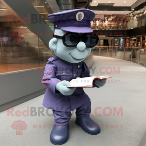 Lavender Navy Soldier mascot costume character dressed with a Playsuit and Reading glasses