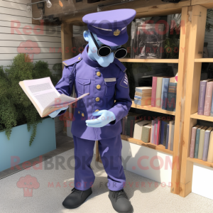 Lavender Navy Soldier mascot costume character dressed with a Playsuit and Reading glasses