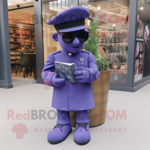 Lavender Navy Soldier mascot costume character dressed with a Playsuit and Reading glasses