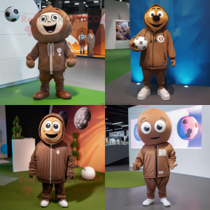 Brown Soccer Ball mascot costume character dressed with a Hoodie and Lapel pins